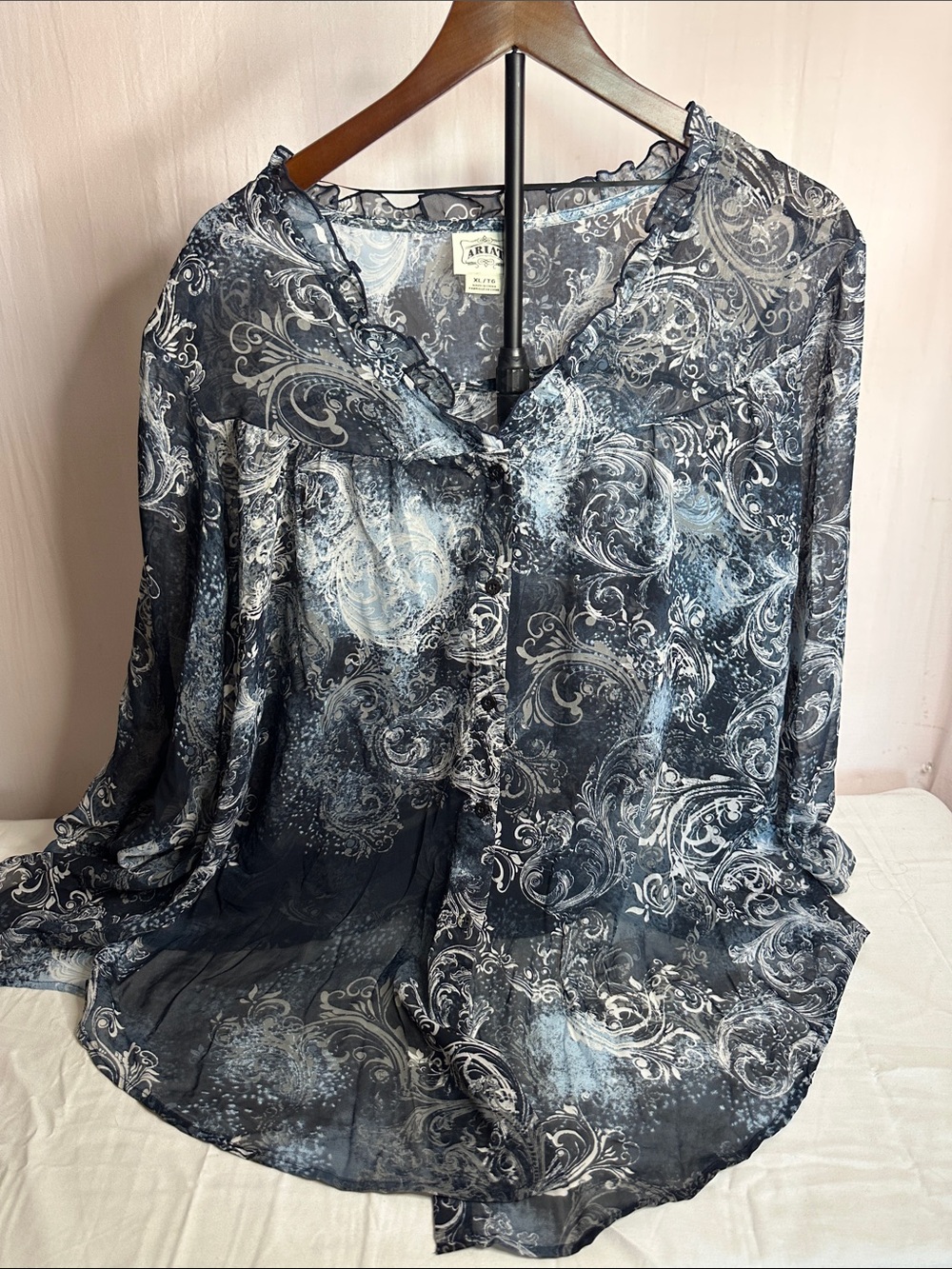 Ariat Black & Gray Paisley Ruffle V-Neck Blouse